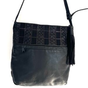 Sharif Black Leather Embossed Shoulder Bag